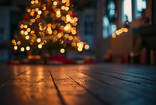 Sapin de Noël illuminé au fond d'une pièce au parquet ancien